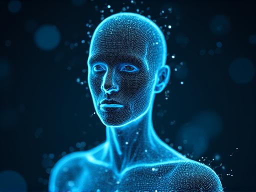 Abstract visualization of an invisible analyst through glowing data streams and neural networks